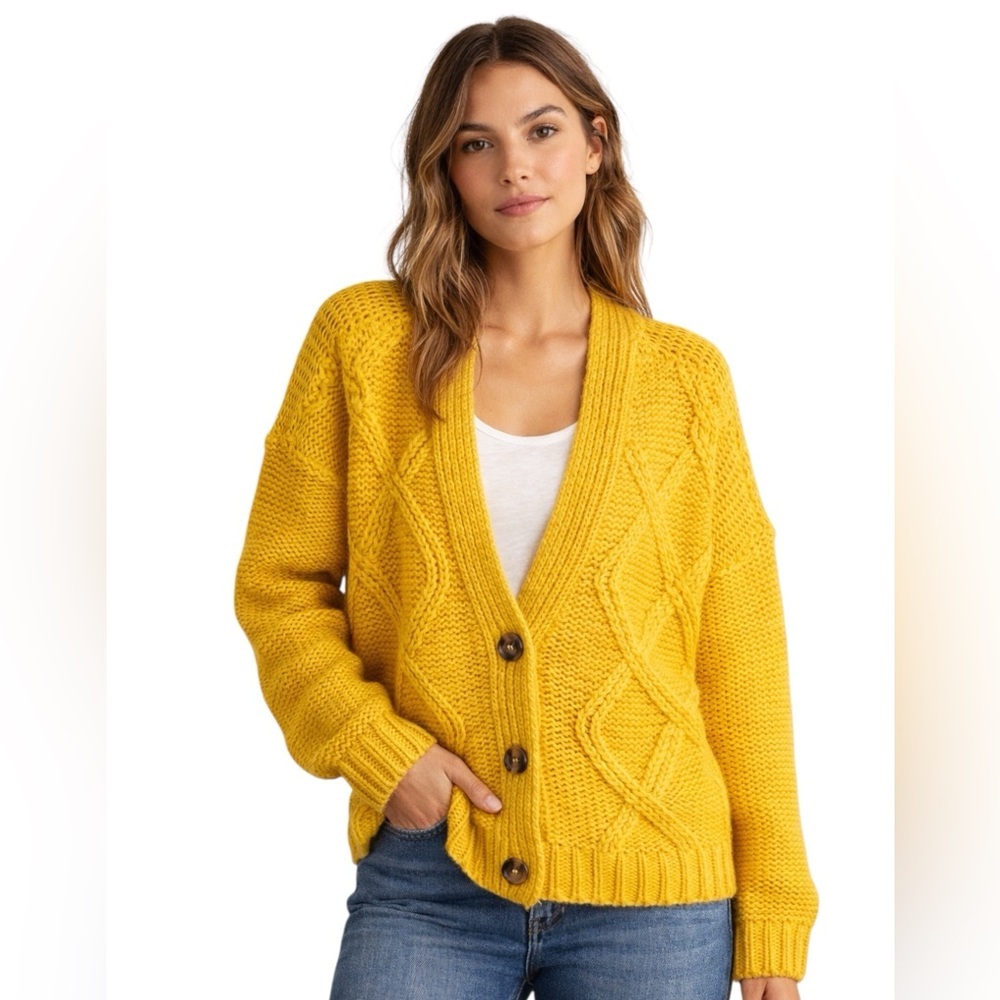 RETROD Yellow Cable Knit Cardigan Button Front Chunky Sweater